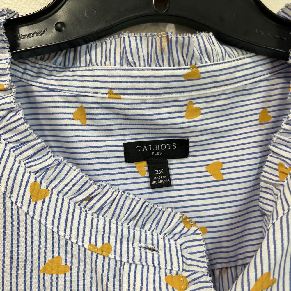 Talbots Plus 2X Blue Stripe Gold Heart Cotton Button Down Preppy Blouse - Picture 9 of 9